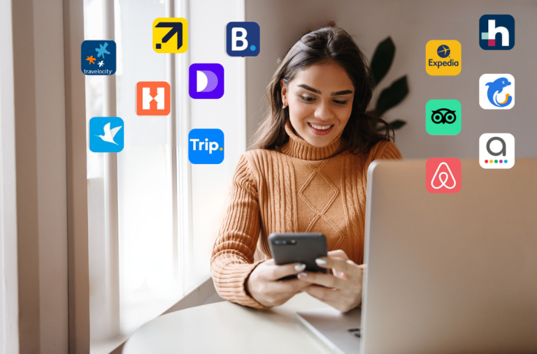 A picture of a girl browsing through the OTAs booking app, picking a suitable one for her to use