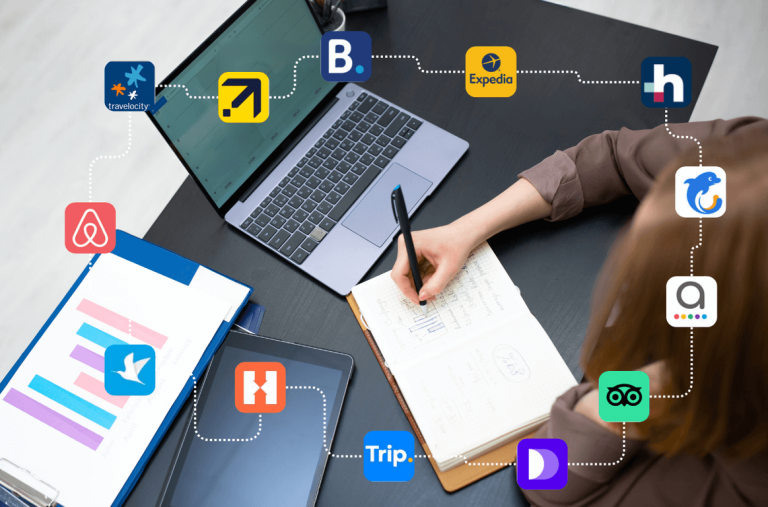 A picture of a staff working on channel manager inventory with OTA icons all around.
