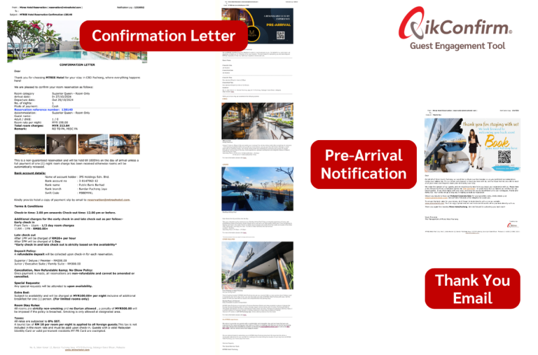 Thumbnail for QikConfirm product. Sample pictures of Confirmation Letter, Pre-Arrival Notification and Thank You Email as Guest Engagement Tool of QikConfirm.