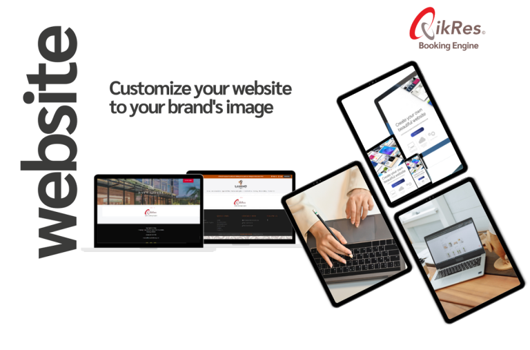 Thumbnail for QikRes product. Website booking engine illustration. QikRes booking engine is shown on laptop.